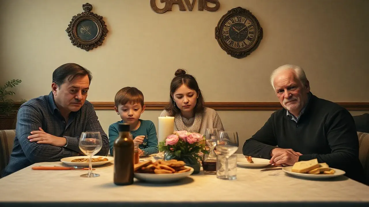 Family discussing money around kitchen table